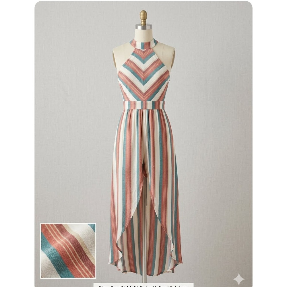 Striped Halter Sleeveless Shorts With Cape Multicolor Women's Jumpsuit